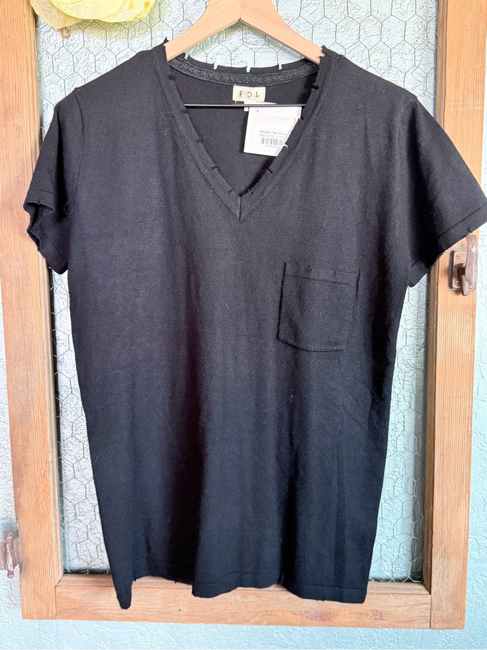 POL Black V-Neck Short Sleeve Pocket Tee